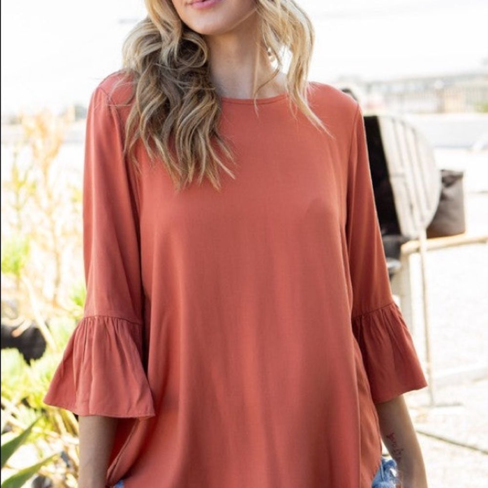 Ruffle Sleeve Tunic Top - Rust